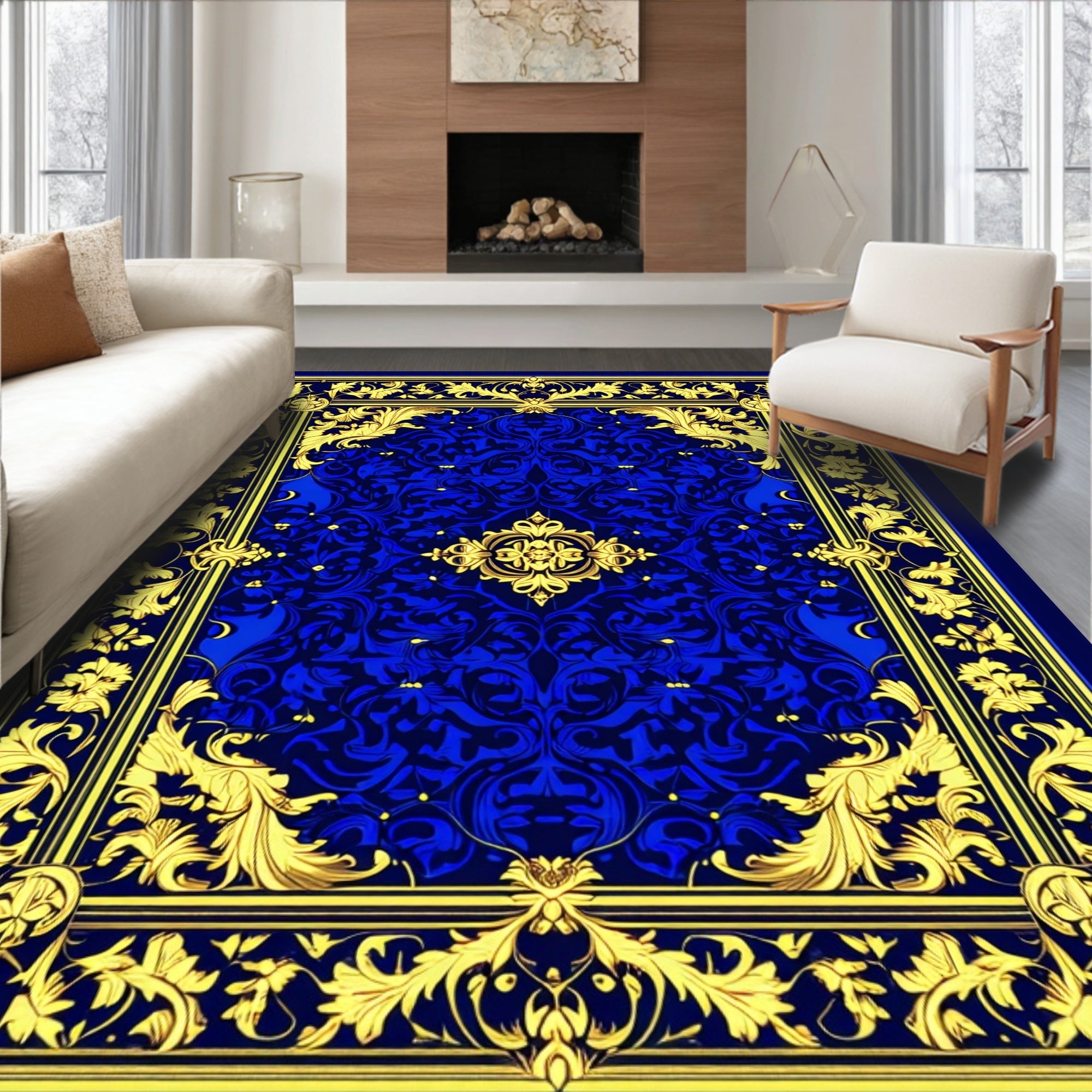 Royal Blue Gold Ornate Floral Rug