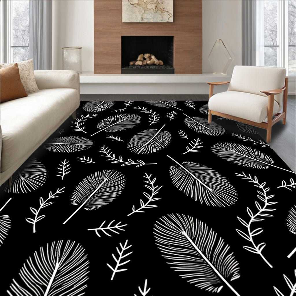 White Feather Scroll On Black Rug