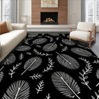 White Feather Scroll On Black Rug