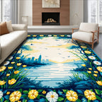 Floral Landscape with Cityscape Border Rug