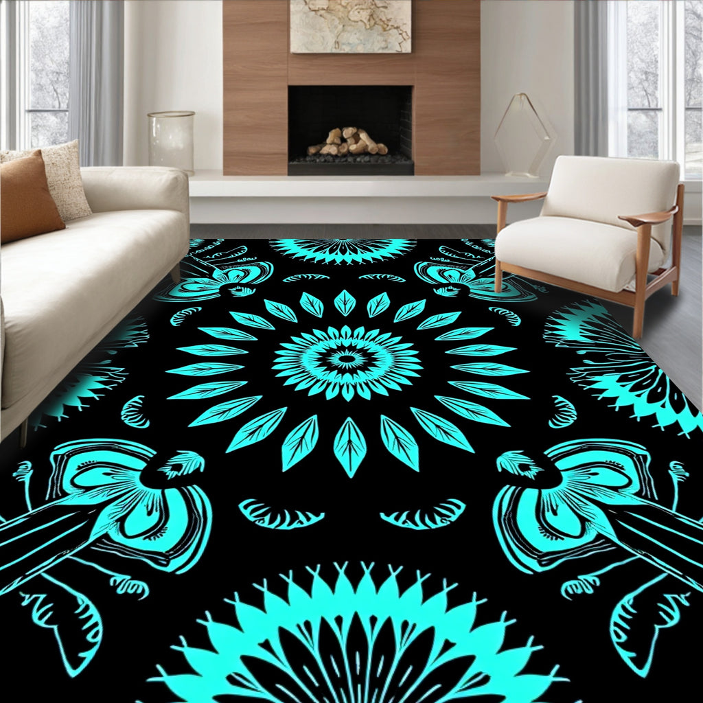 Cyan Abstract Floral Pattern Rug