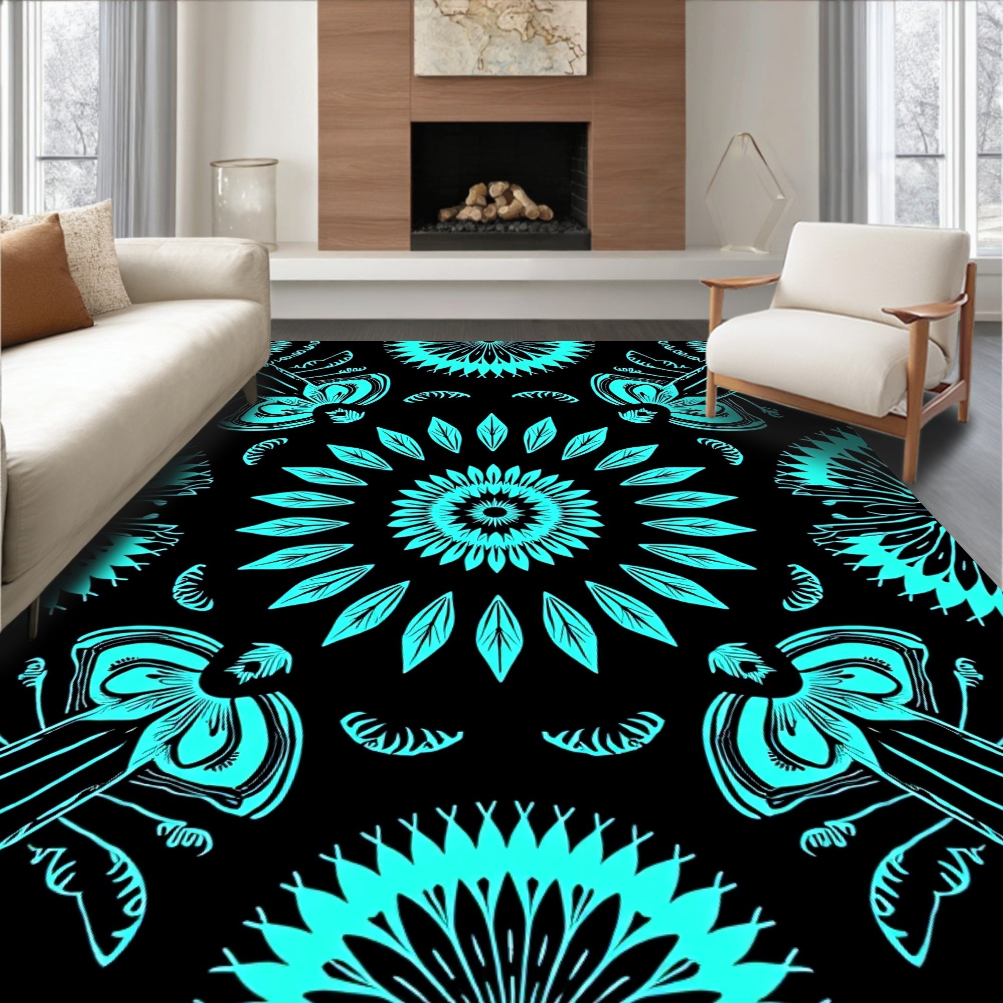 Cyan Abstract Floral Pattern Rug