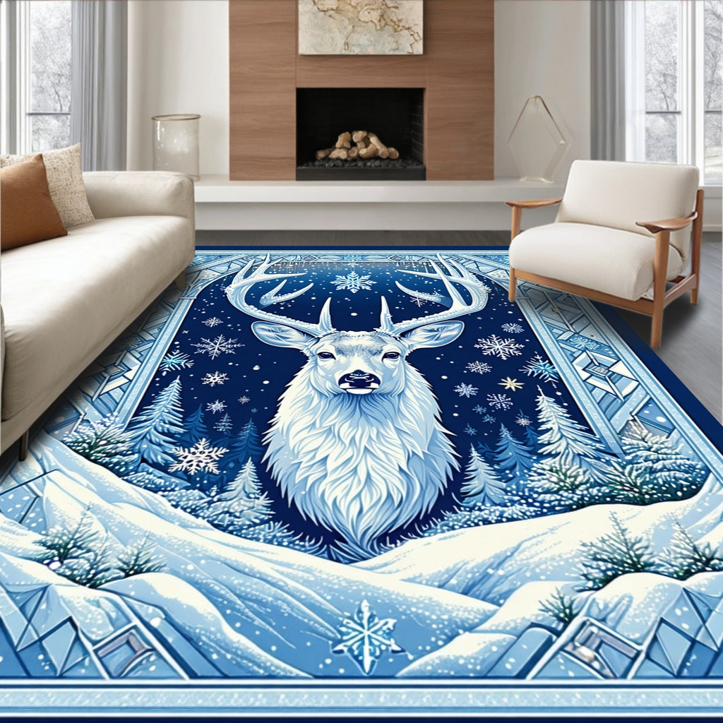 Majestic Winter Deer Snowflake Motif Rug