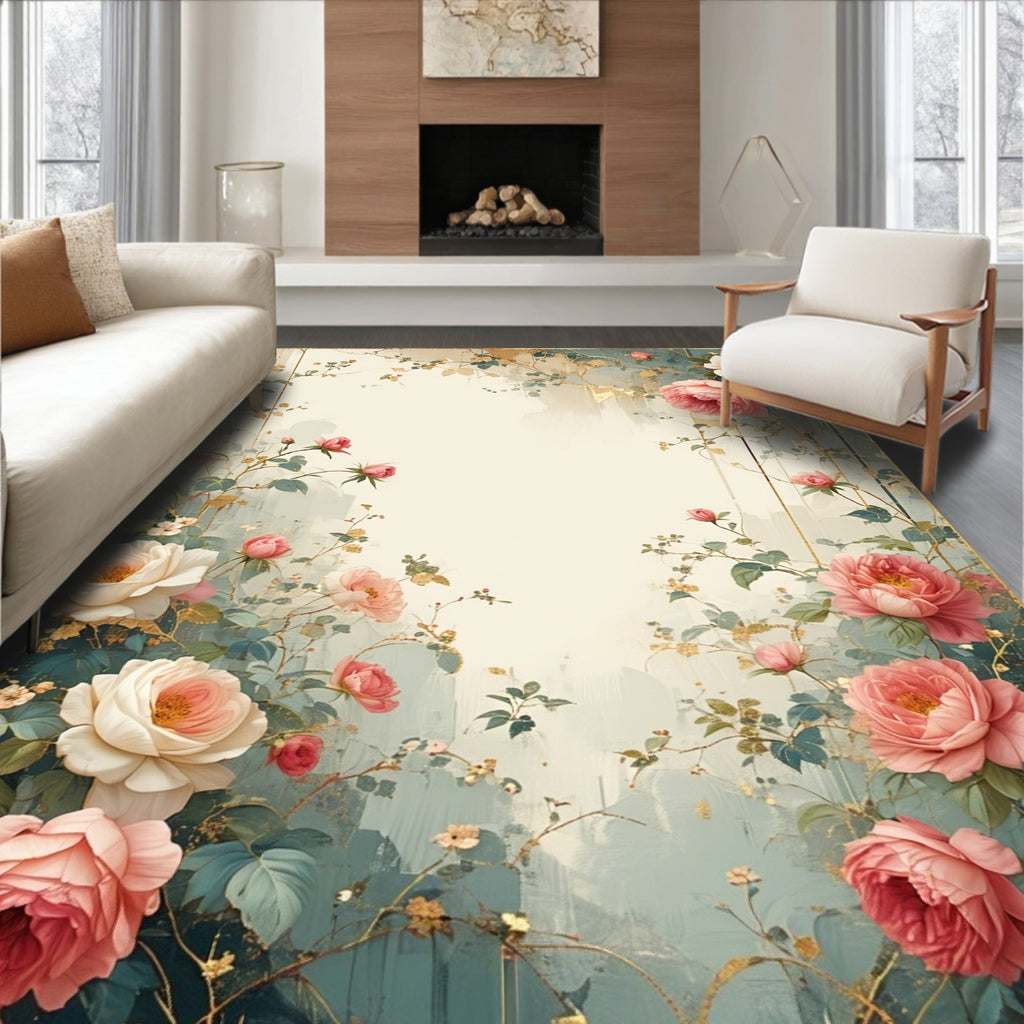 Whimsical Floral Gold Accented Design Rug