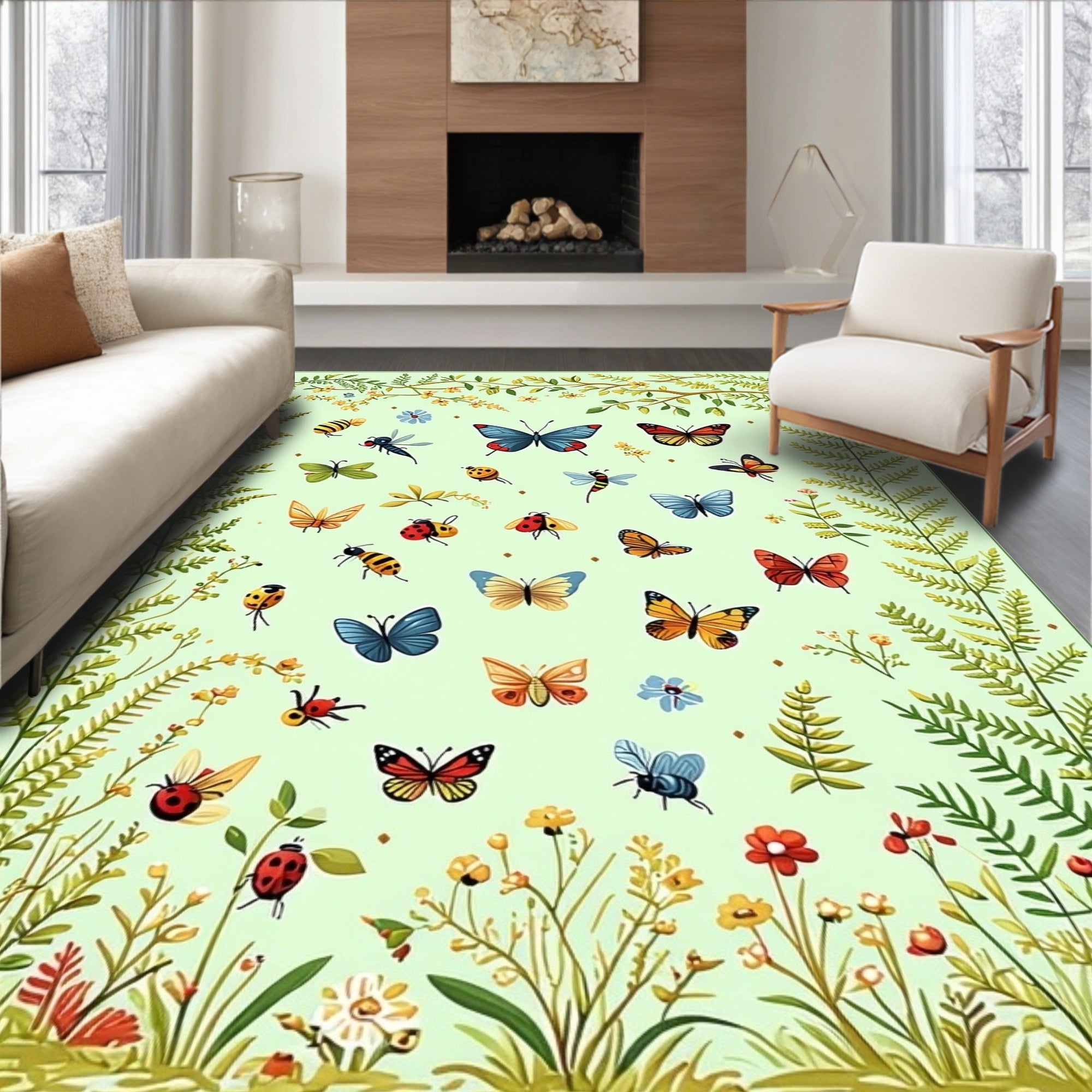 Whimsical Butterfly and Insect Garden Design Rug
