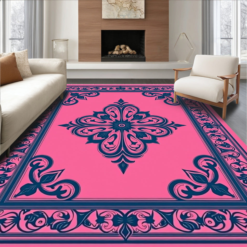 Pink Blue Floral Medallion Border Rug