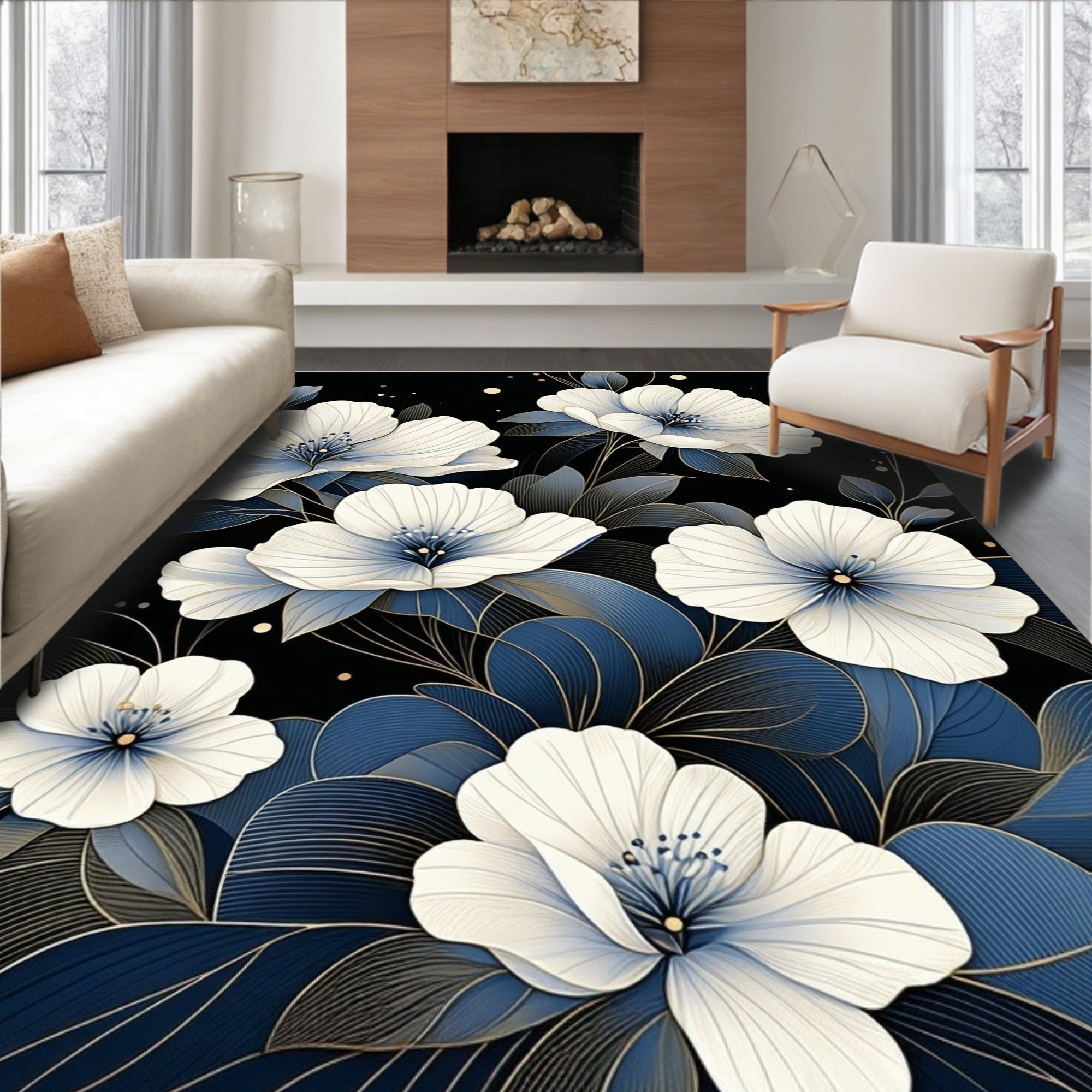 Elegant White Floral Botanical Design Rug