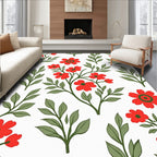 Red Floral Branches Green Leaves Rug