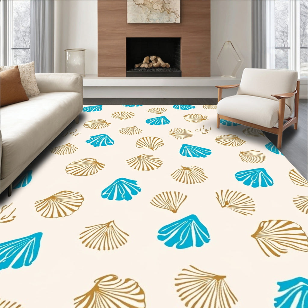 Ocean Seashells Blue Gold Pattern Rug