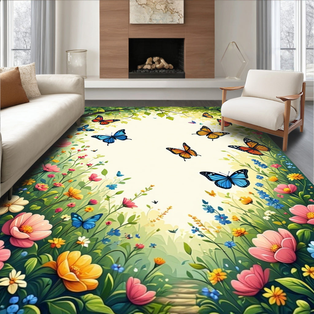 Colorful Butterflies Blooming Garden Design Rug