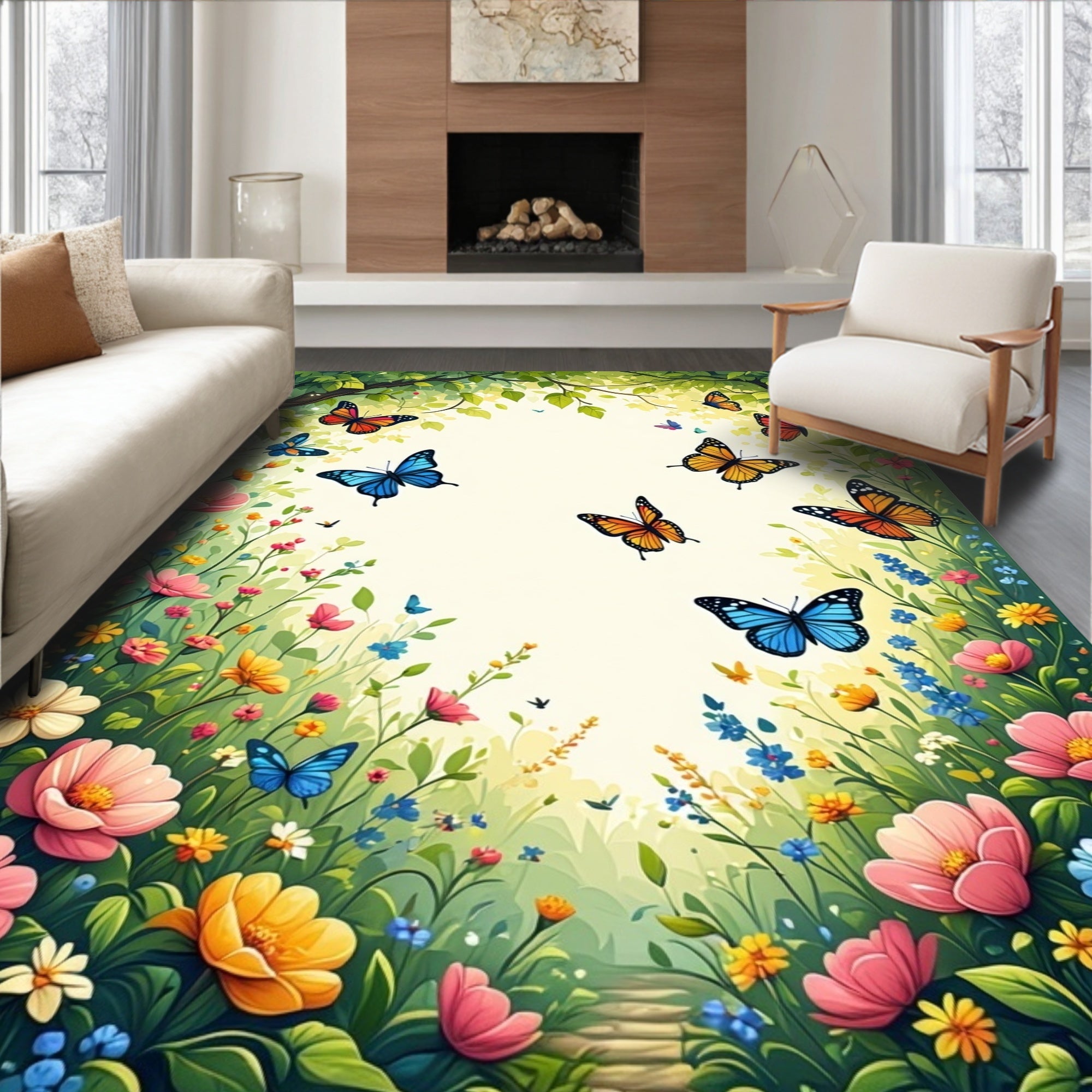 Colorful Butterflies Blooming Garden Design Rug