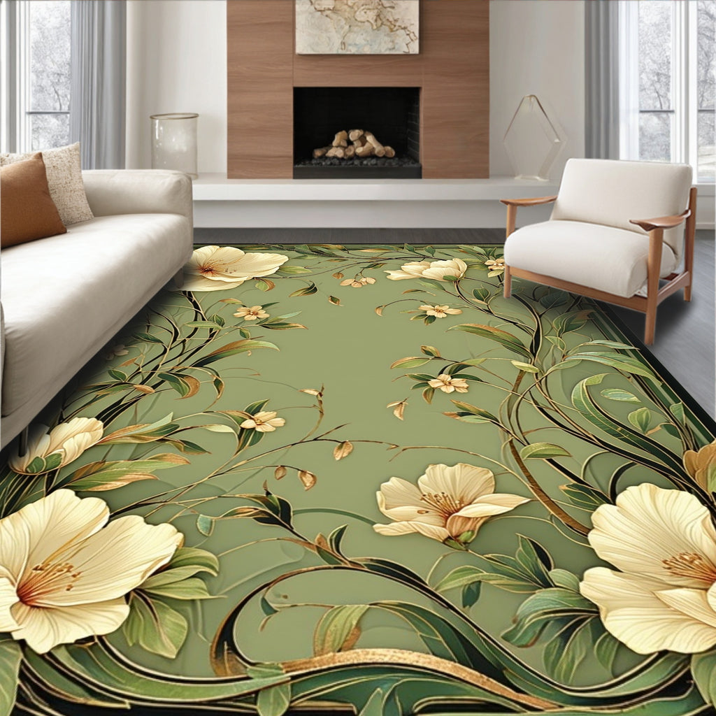 Elegant Floral Vine Green Gold Rug