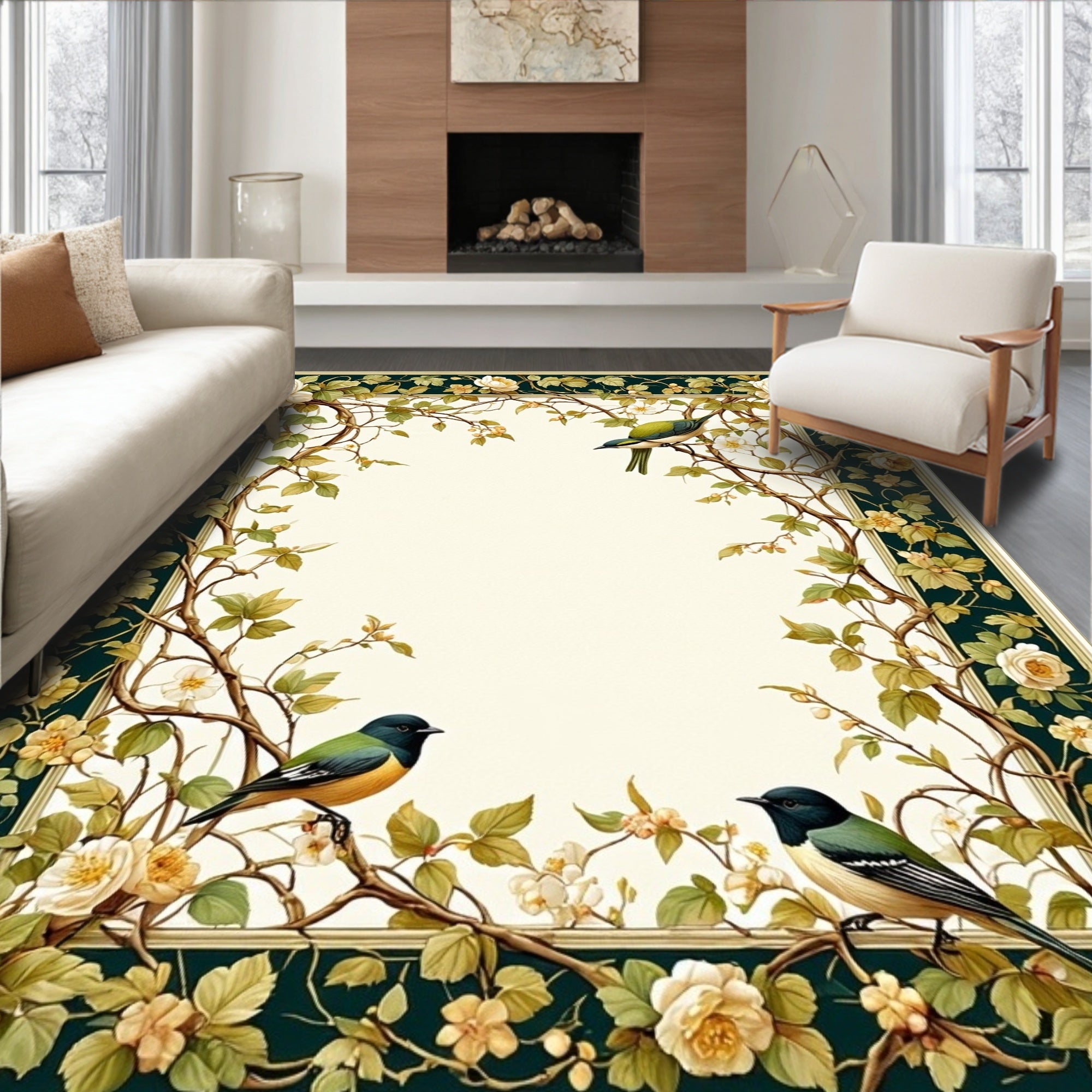 Ornate Floral Vines and Birds Design Rug