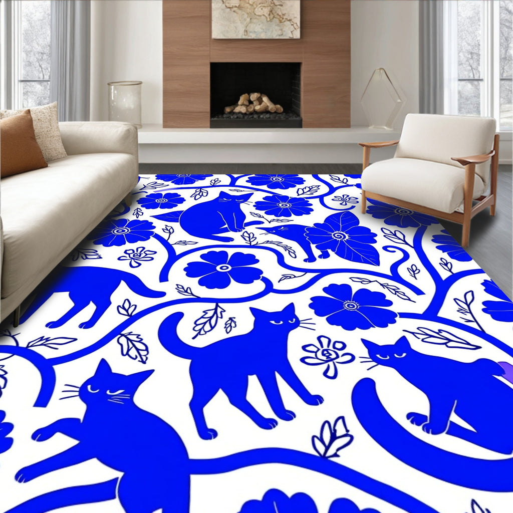 Whimsical Blue Cats Floral Vine Pattern Rug