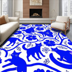 Whimsical Blue Cats Floral Vine Pattern Rug