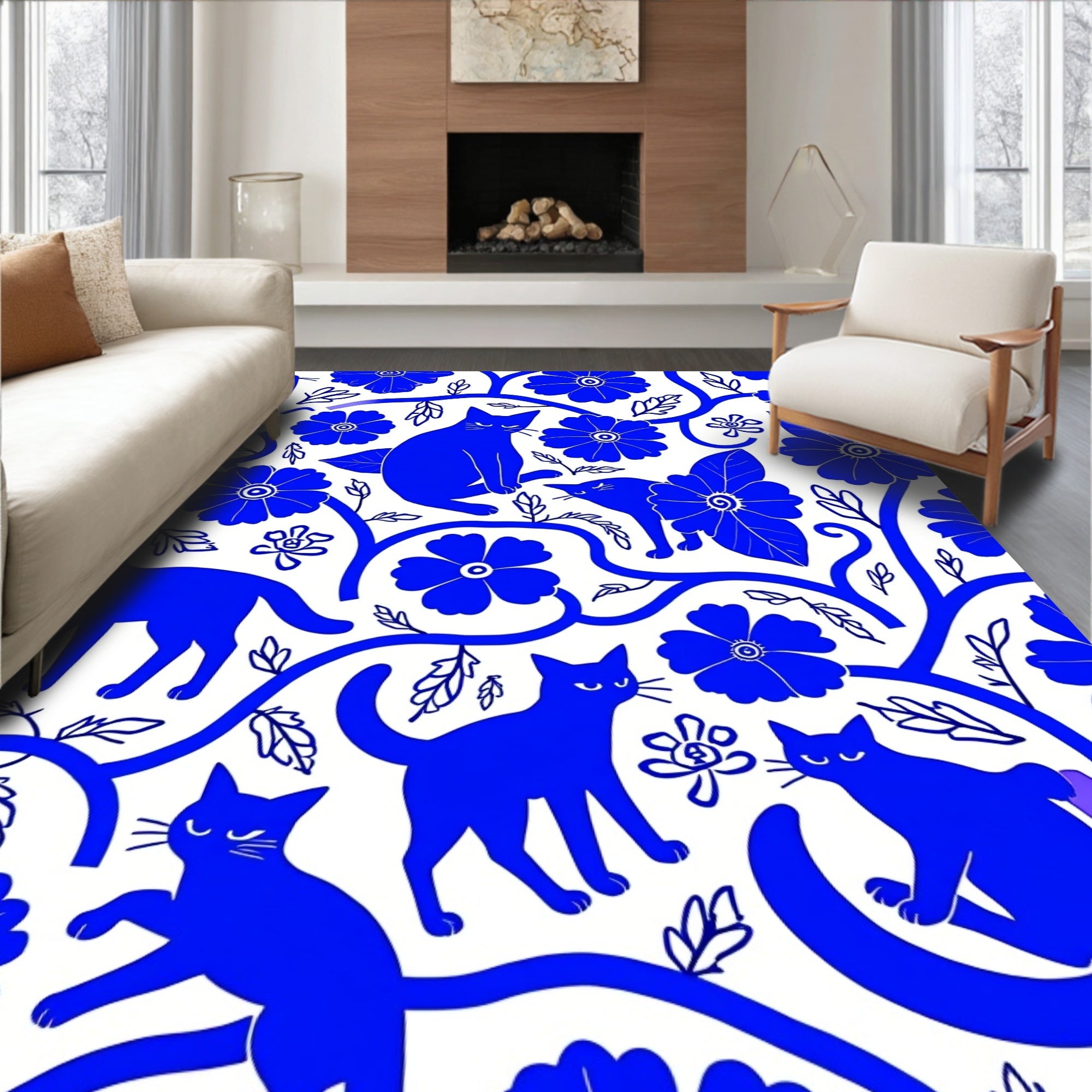 Whimsical Blue Cats Floral Vine Pattern Rug