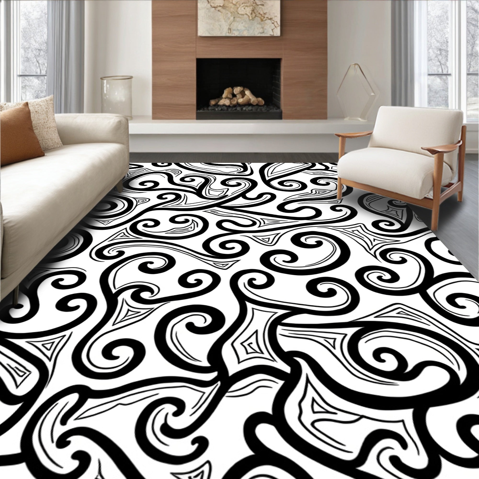 Abstract Swirls Black White Pattern Design Rug