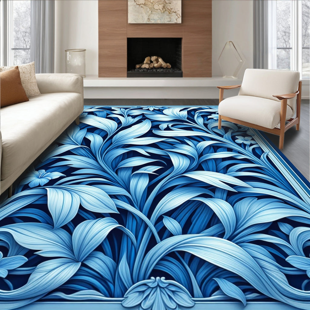 Ethereal Blue Floral Swirls Design Rug