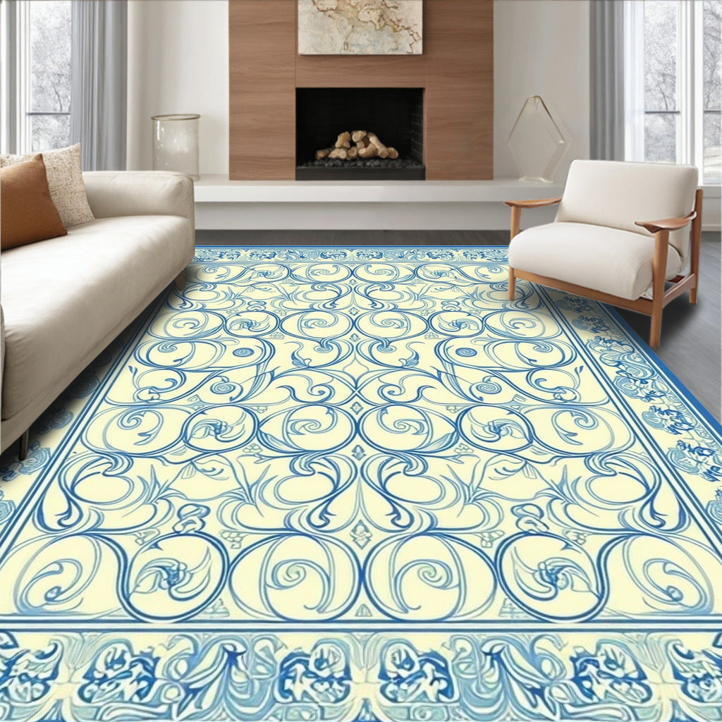 Elegant Blue Swirl Floral Pattern Rug