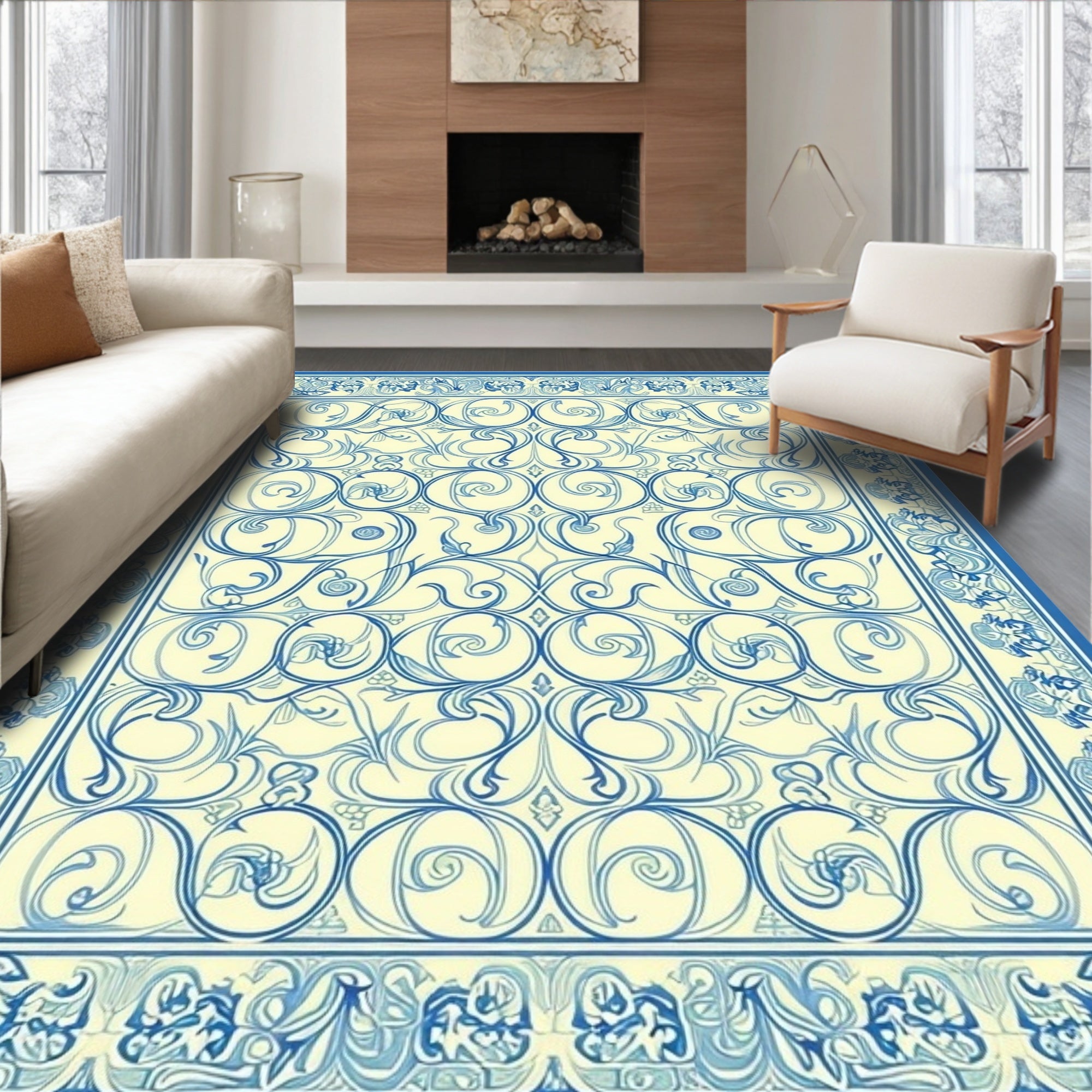 Elegant Blue Swirl Floral Pattern Rug