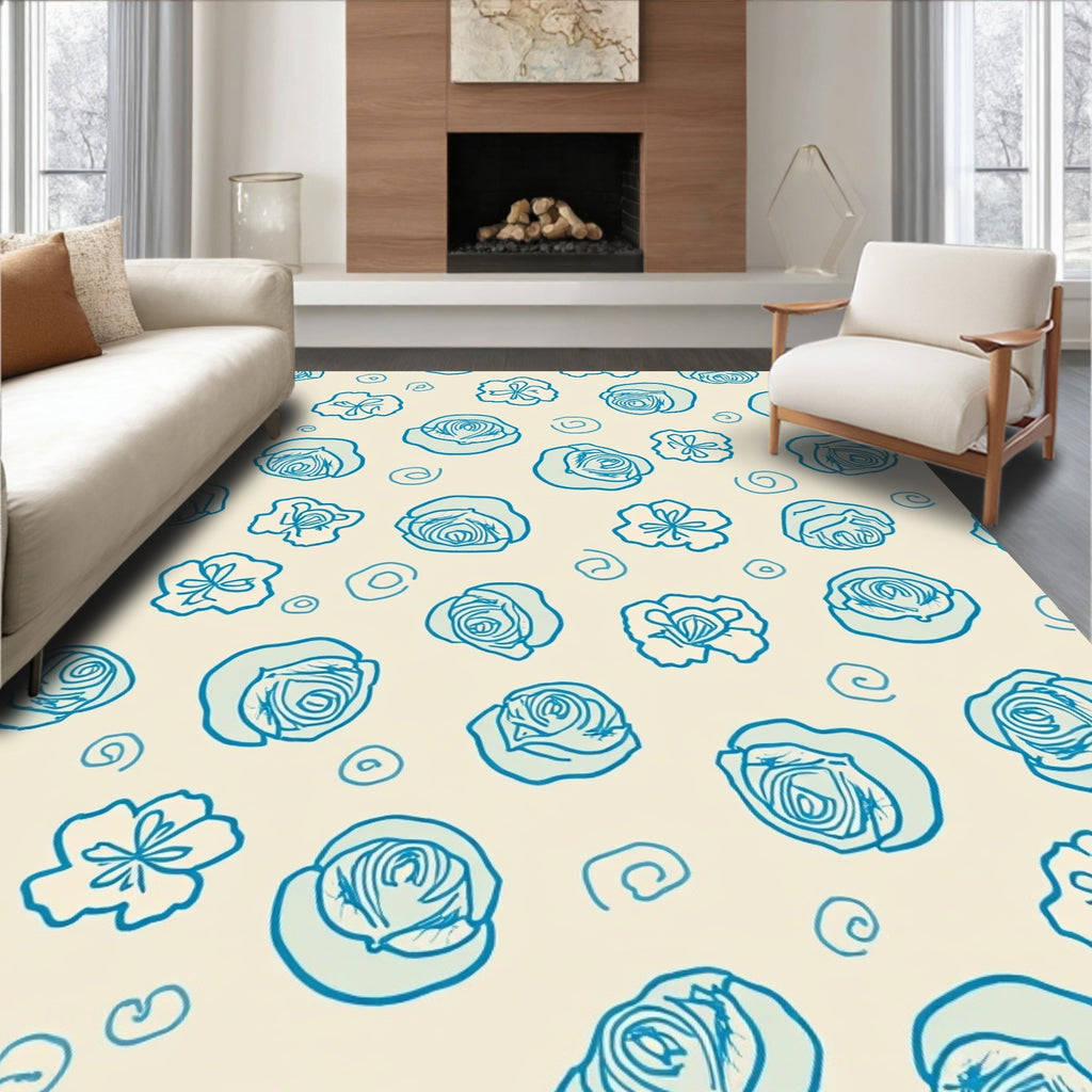 Hand-Drawn Blue Floral Swirl Pattern Rug