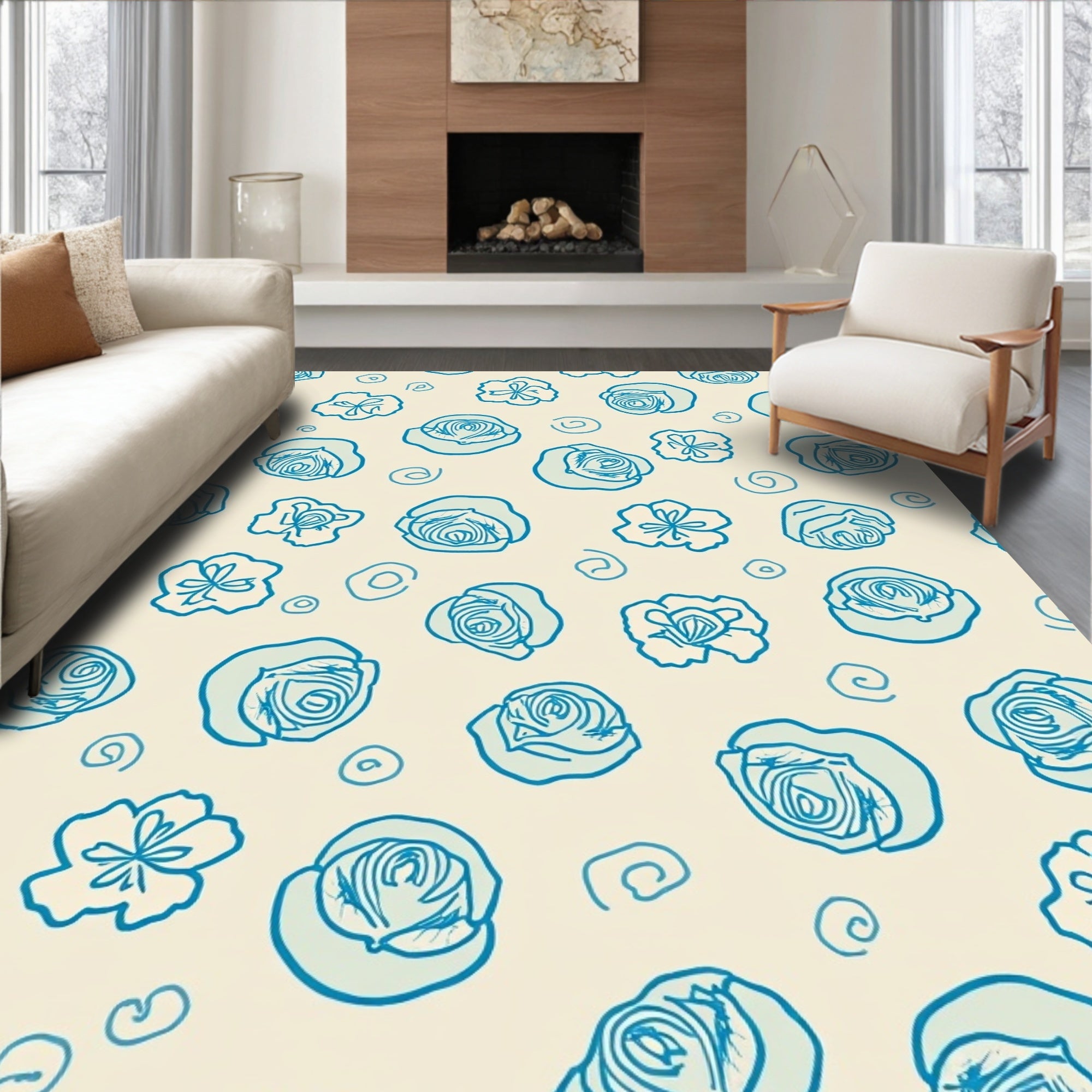 Hand-Drawn Blue Floral Swirl Pattern Rug