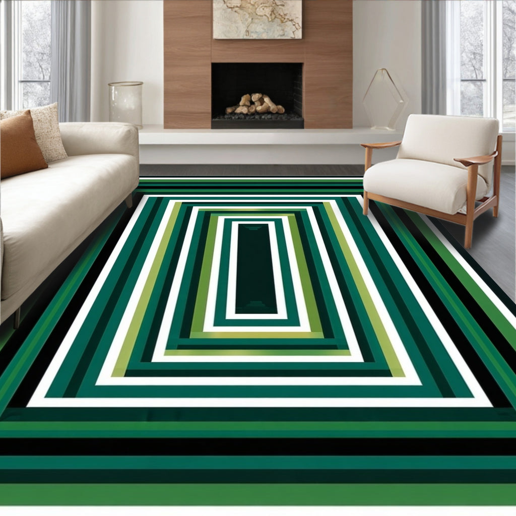 Green White Black Concentric Rectangles Rug