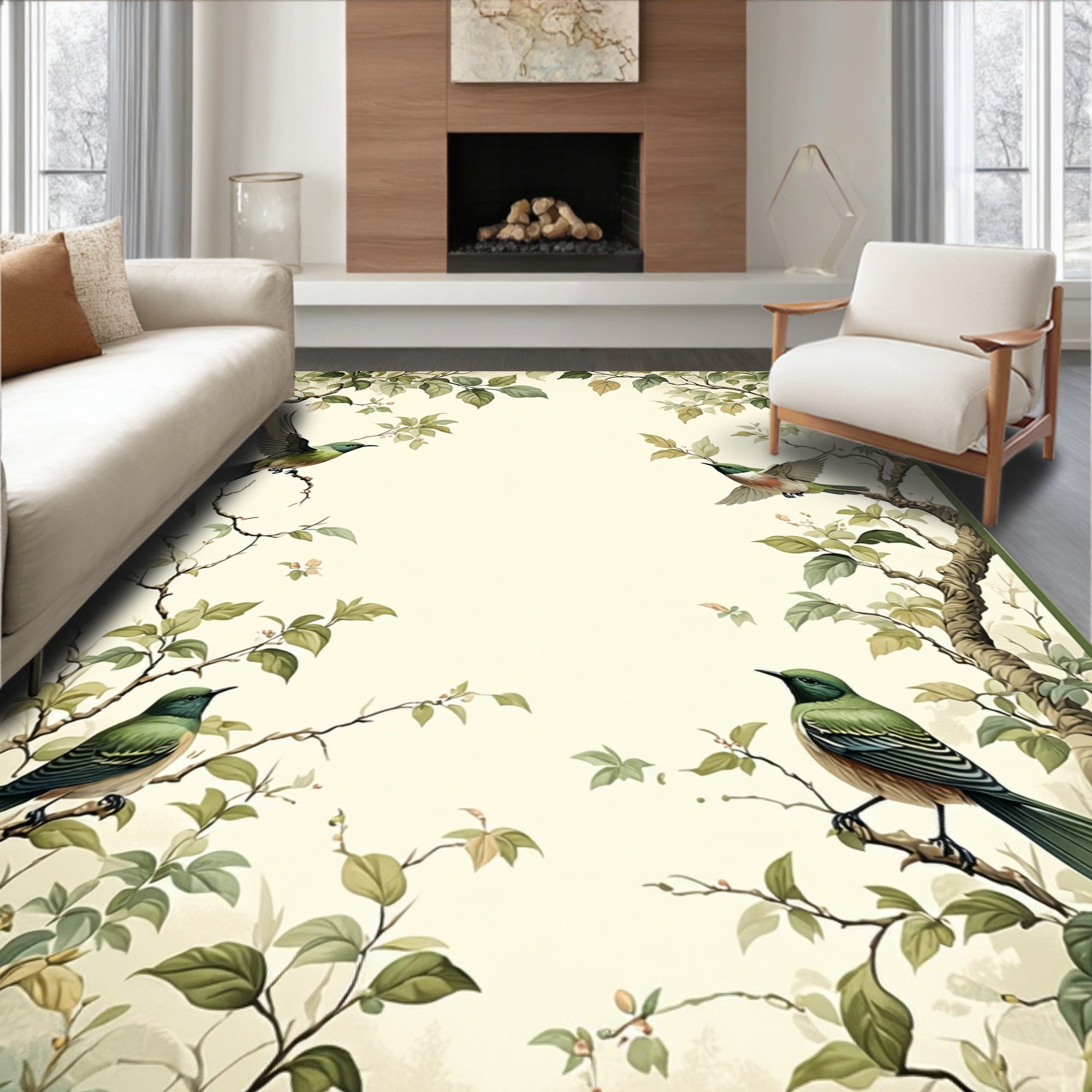 Whimsical Birds Branches Nature Design Rug