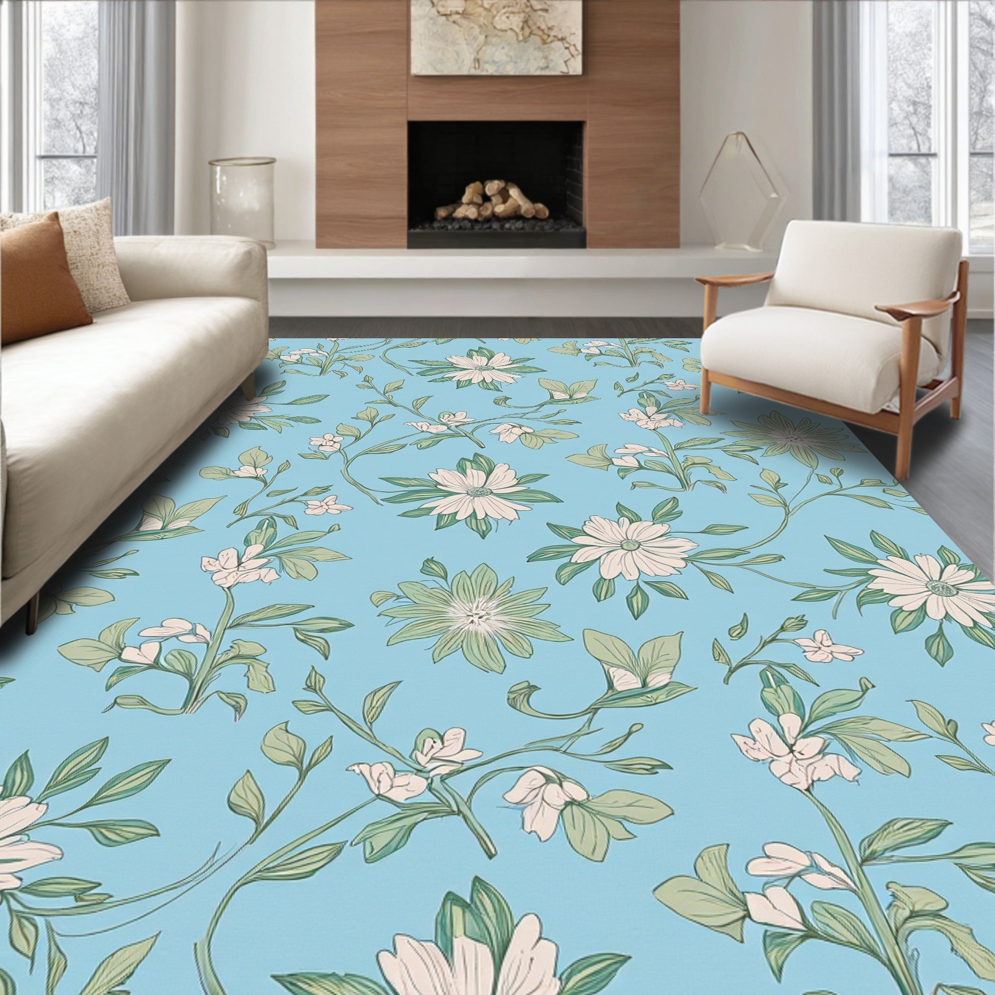 White Floral Vine Botanical Pattern Rug