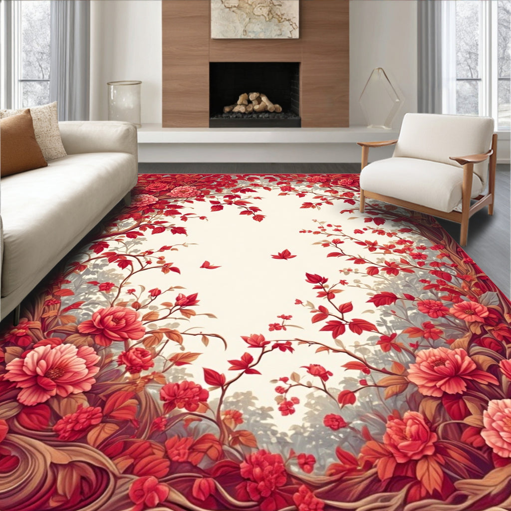 Red Floral Tree Branches Pattern Rug