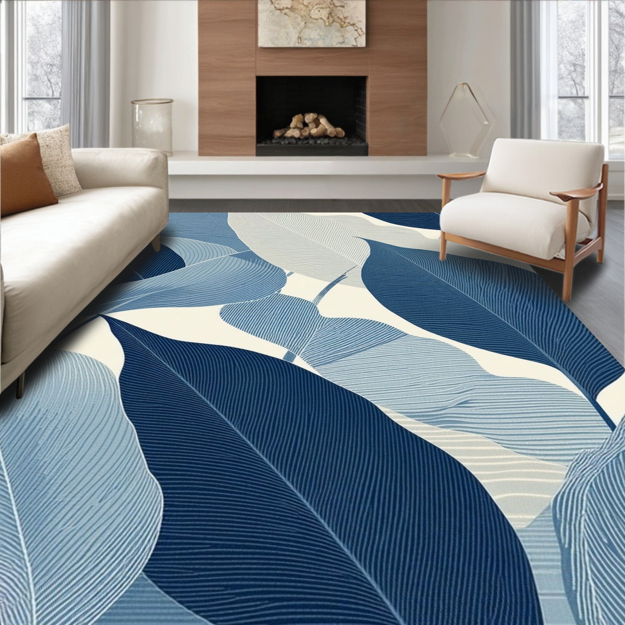 Shades of Blue Tropical Leaf Pattern Rug