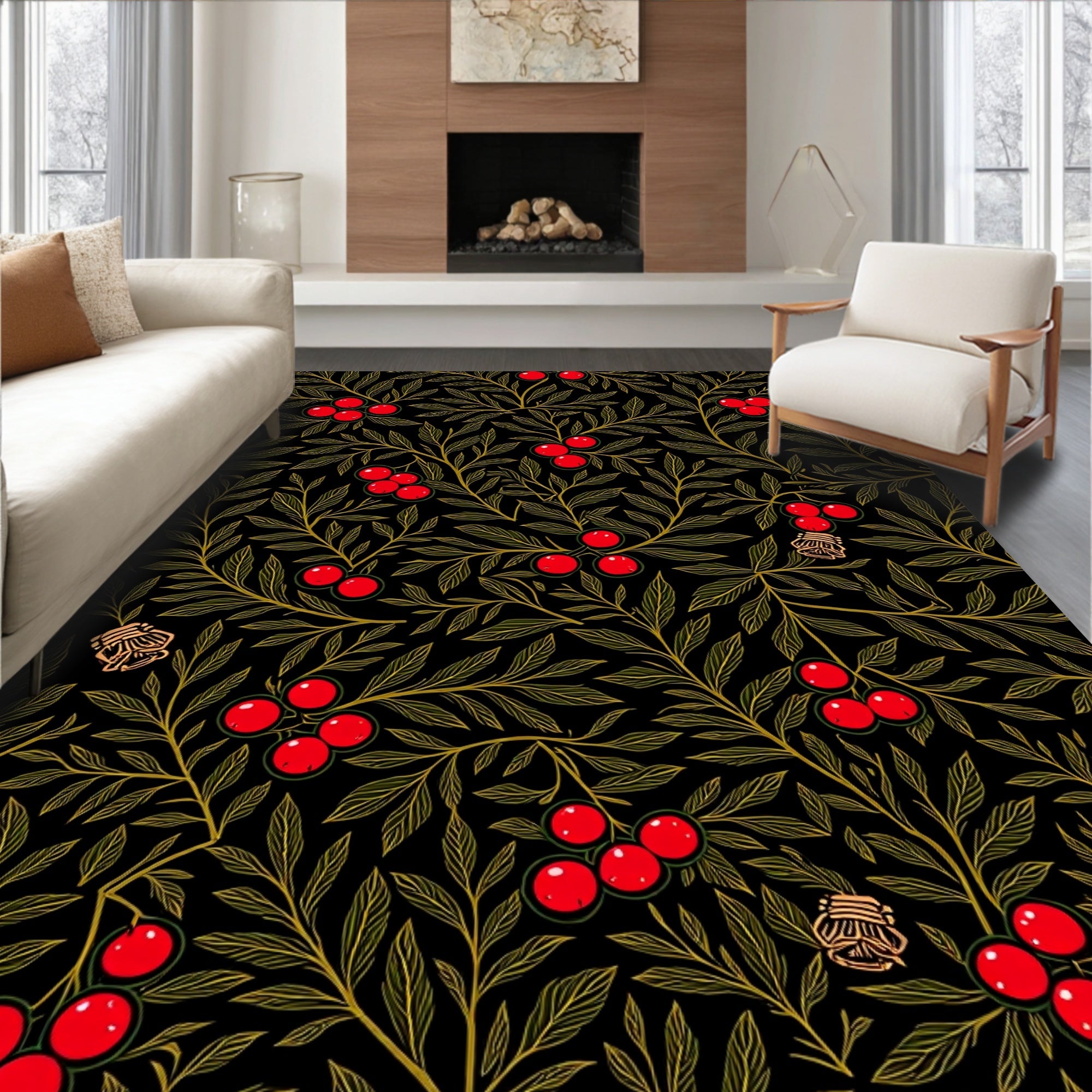 Botanical Red Berry Branch Rug