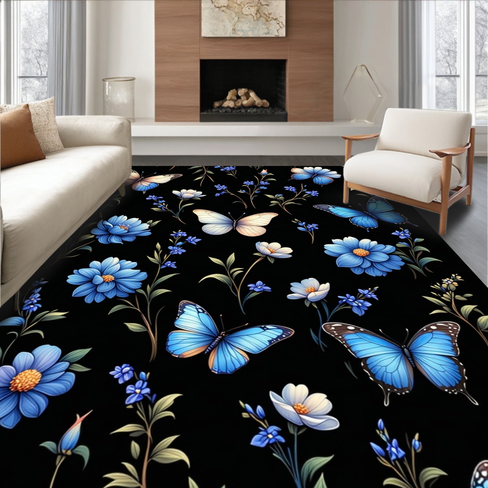 Whimsical Butterflies Blue Floral Pattern Rug