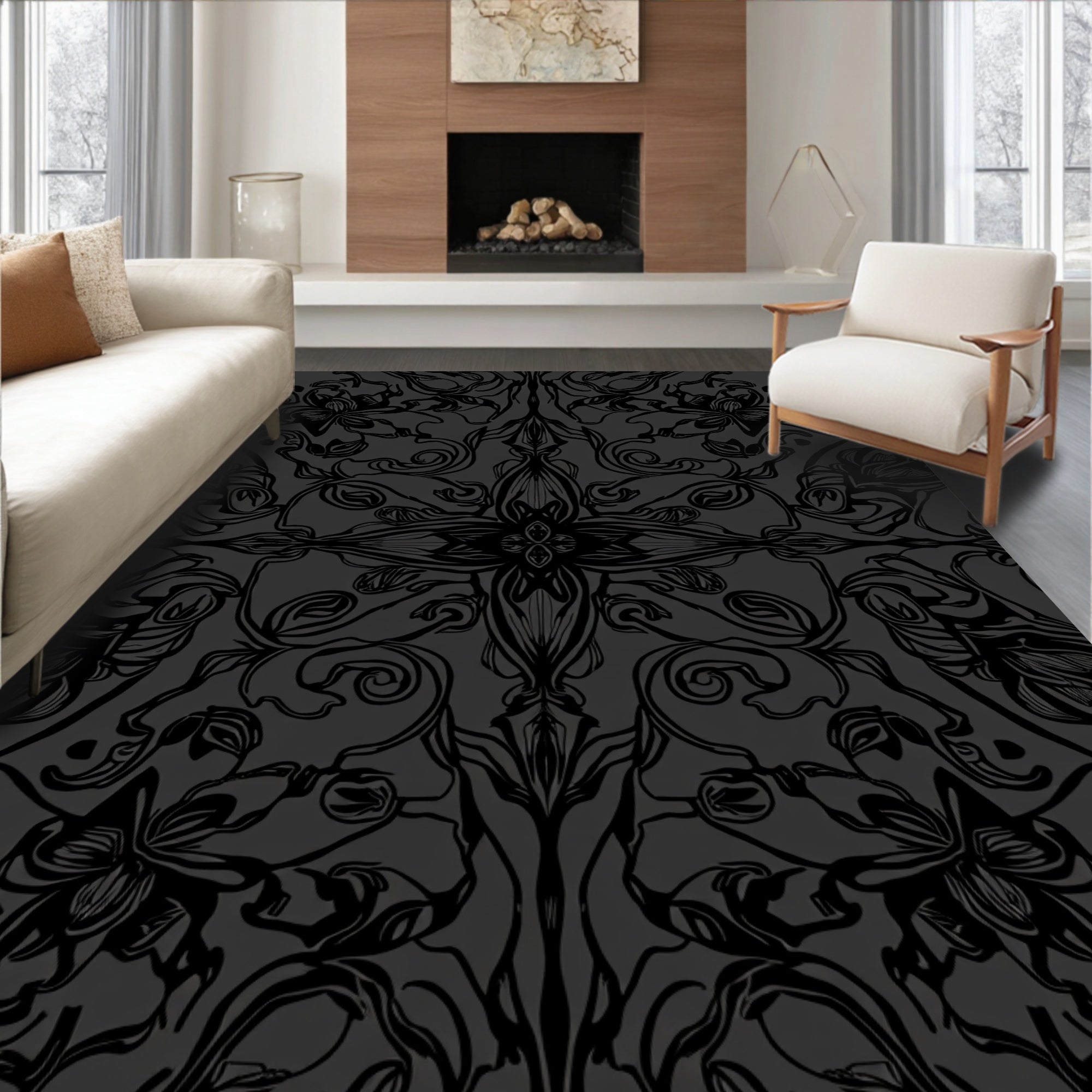 Dark Floral Symmetry Scroll Design Rug