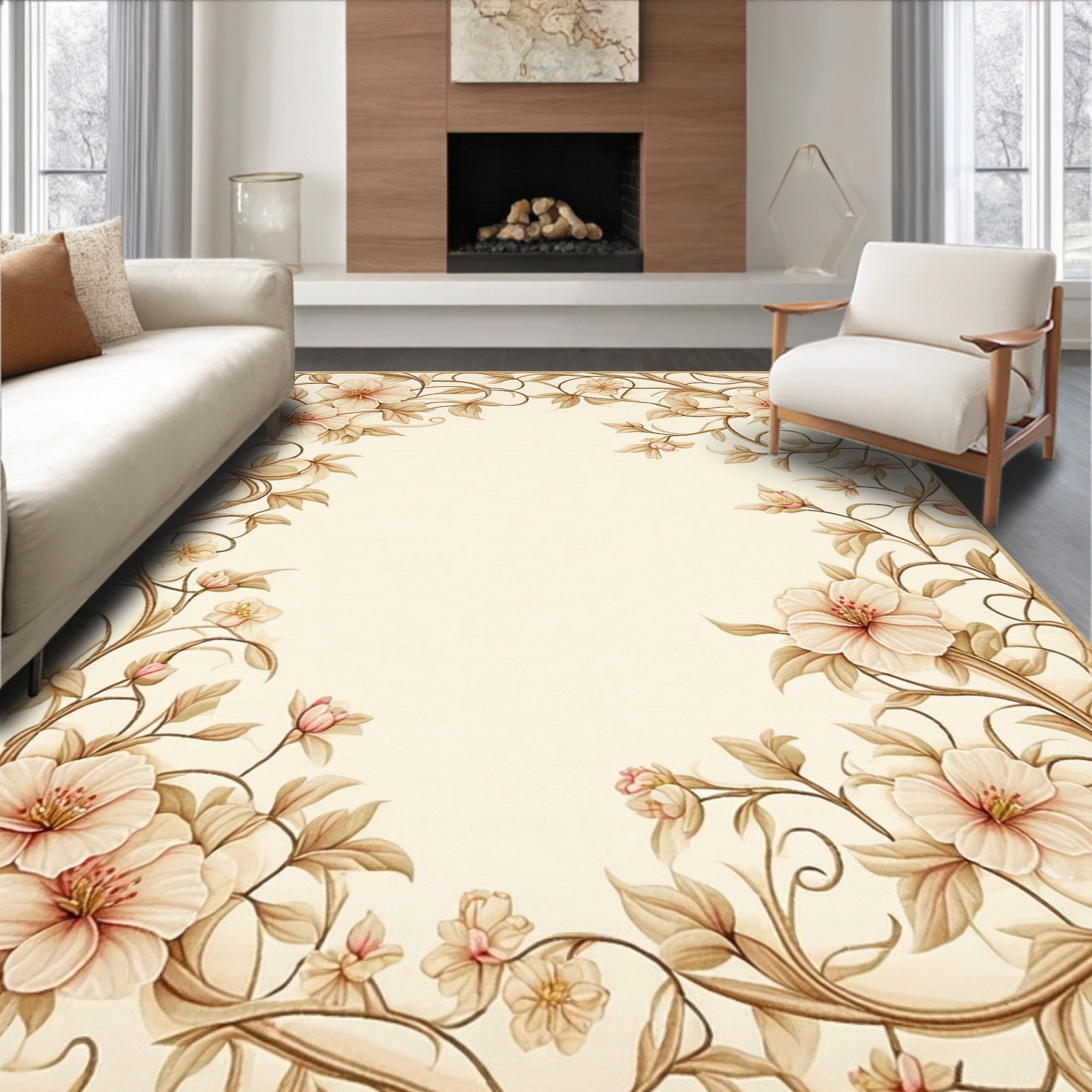 Beige Floral Vines Design Rug