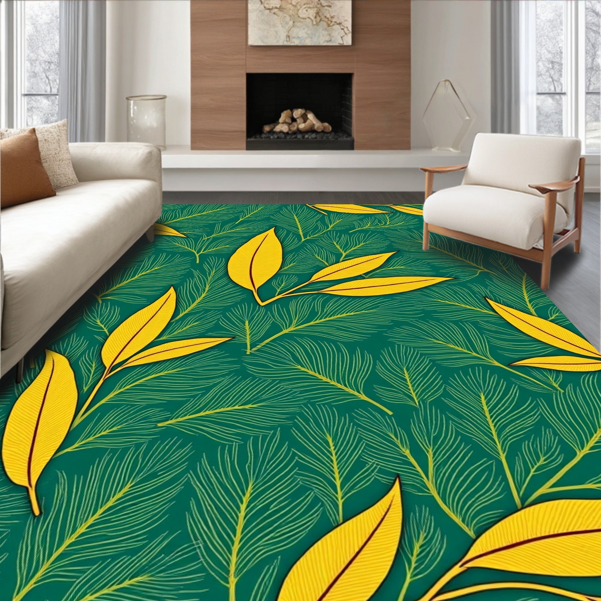 Vibrant Yellow Leaf Botanical Pattern Rug