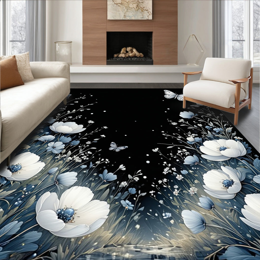 Night Garden Butterflies White Poppies Rug