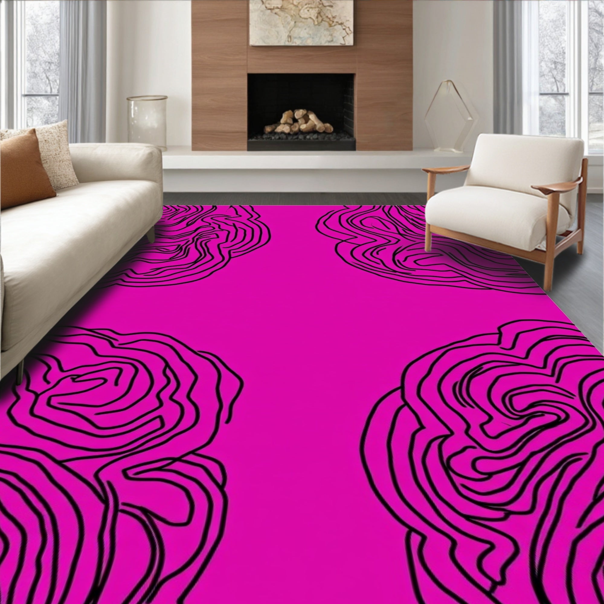 Abstract Swirl Pink Black Design Rug