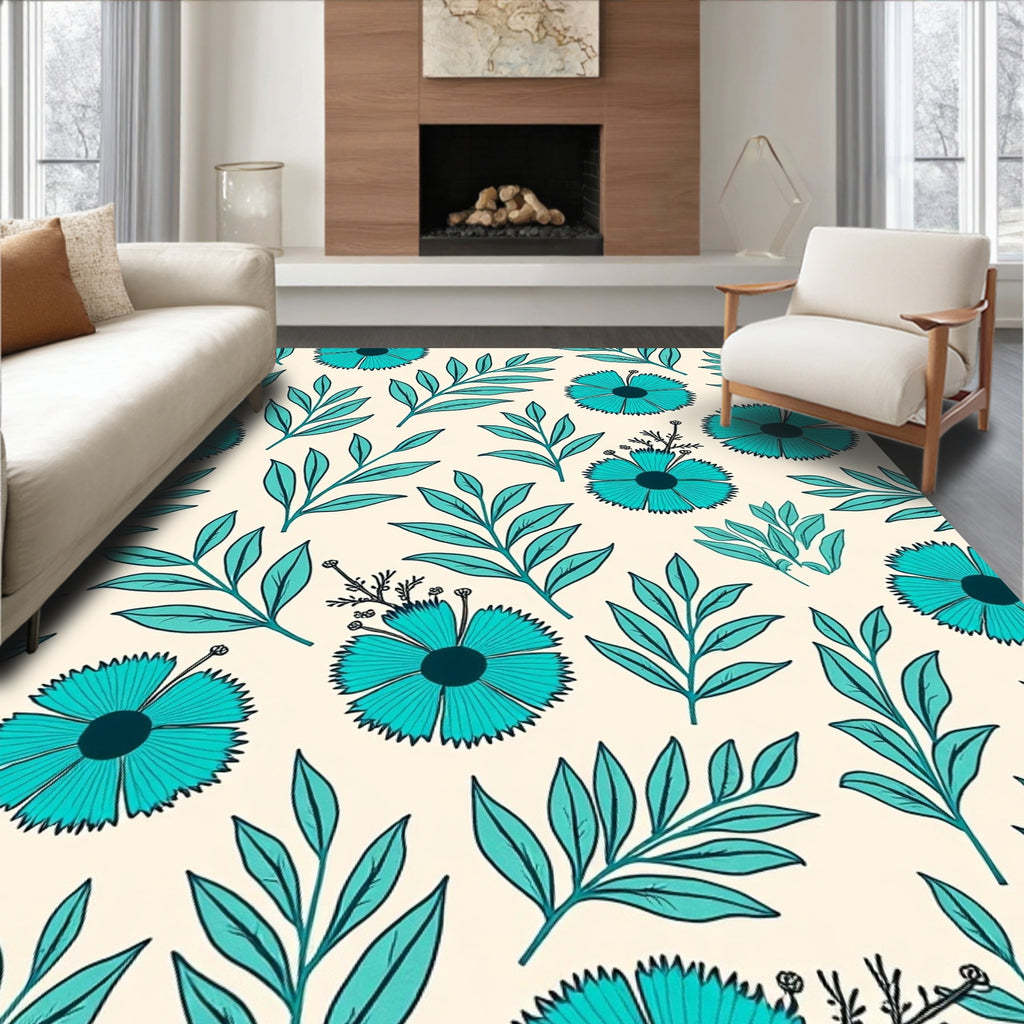 Teal Floral Leaf Pattern Rug