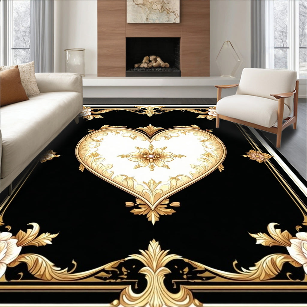 Ornate Golden Heart Floral Design Rug