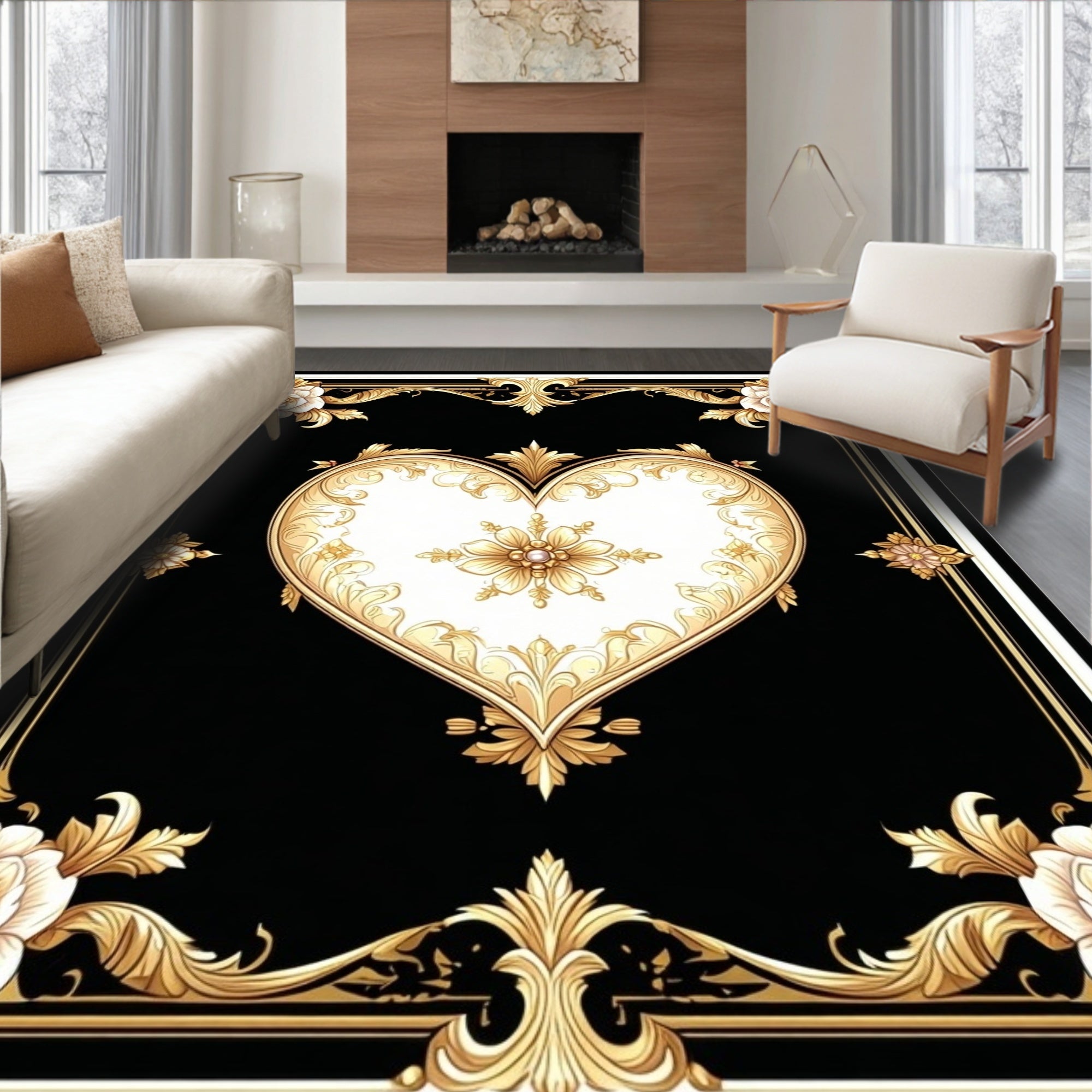 Ornate Golden Heart Floral Design Rug