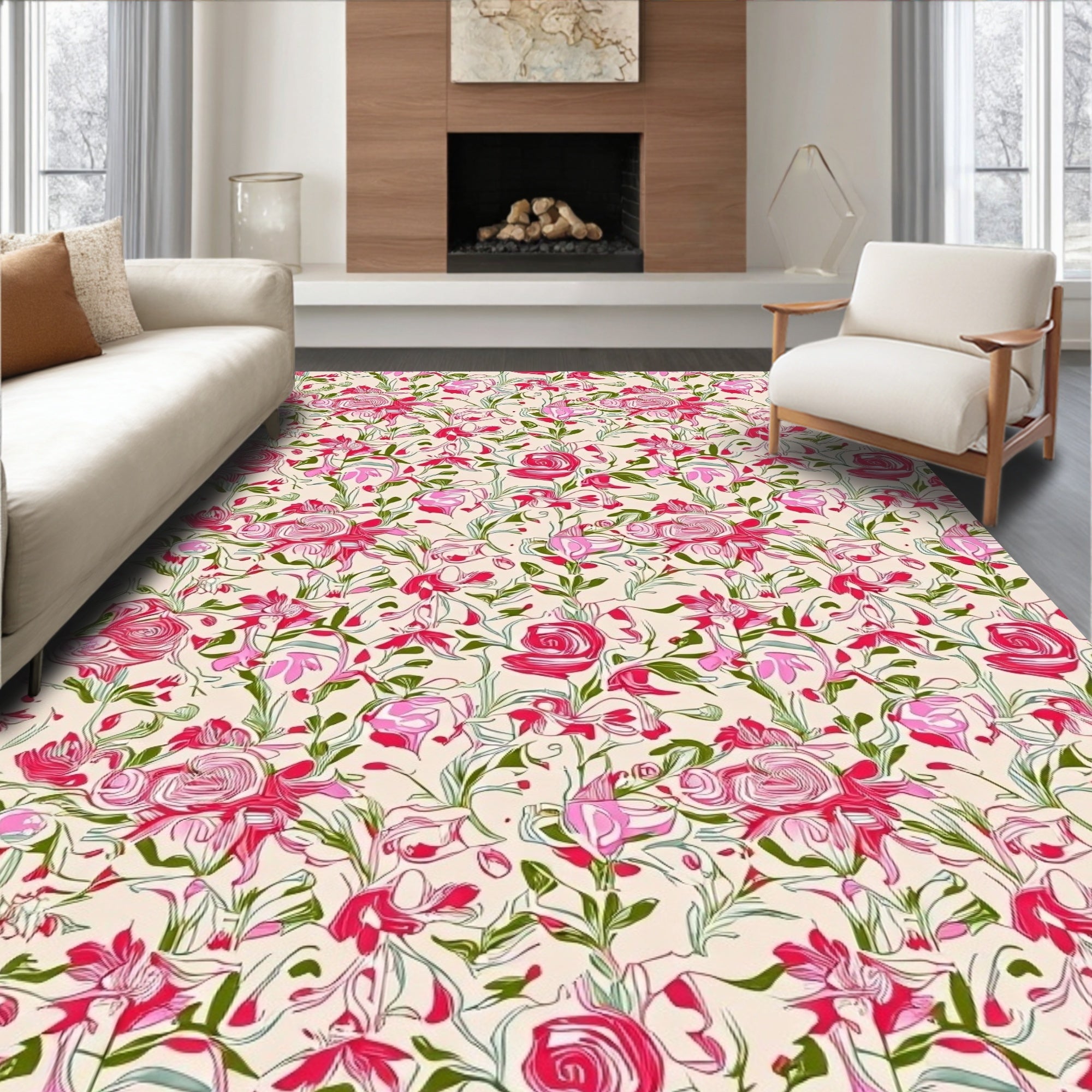 Whimsical Floral Pattern with Pink Roses Rug