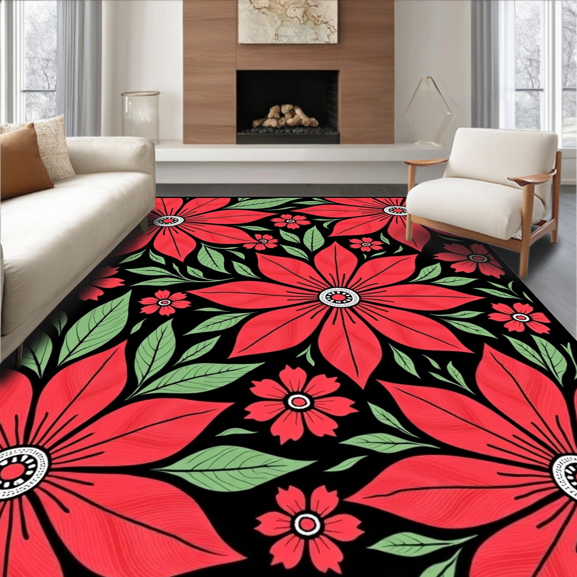 Bold Red Floral Arrangement Rug