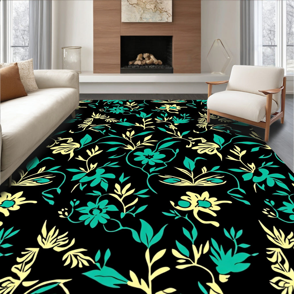Yellow and Teal Floral Vine Pattern Rug