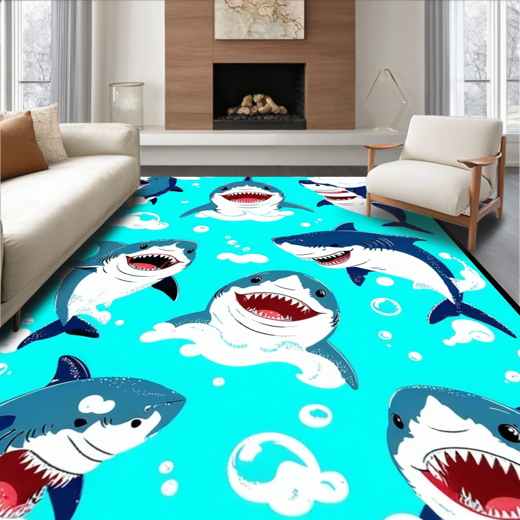 Playful Shark Pattern With Bubbles Rug