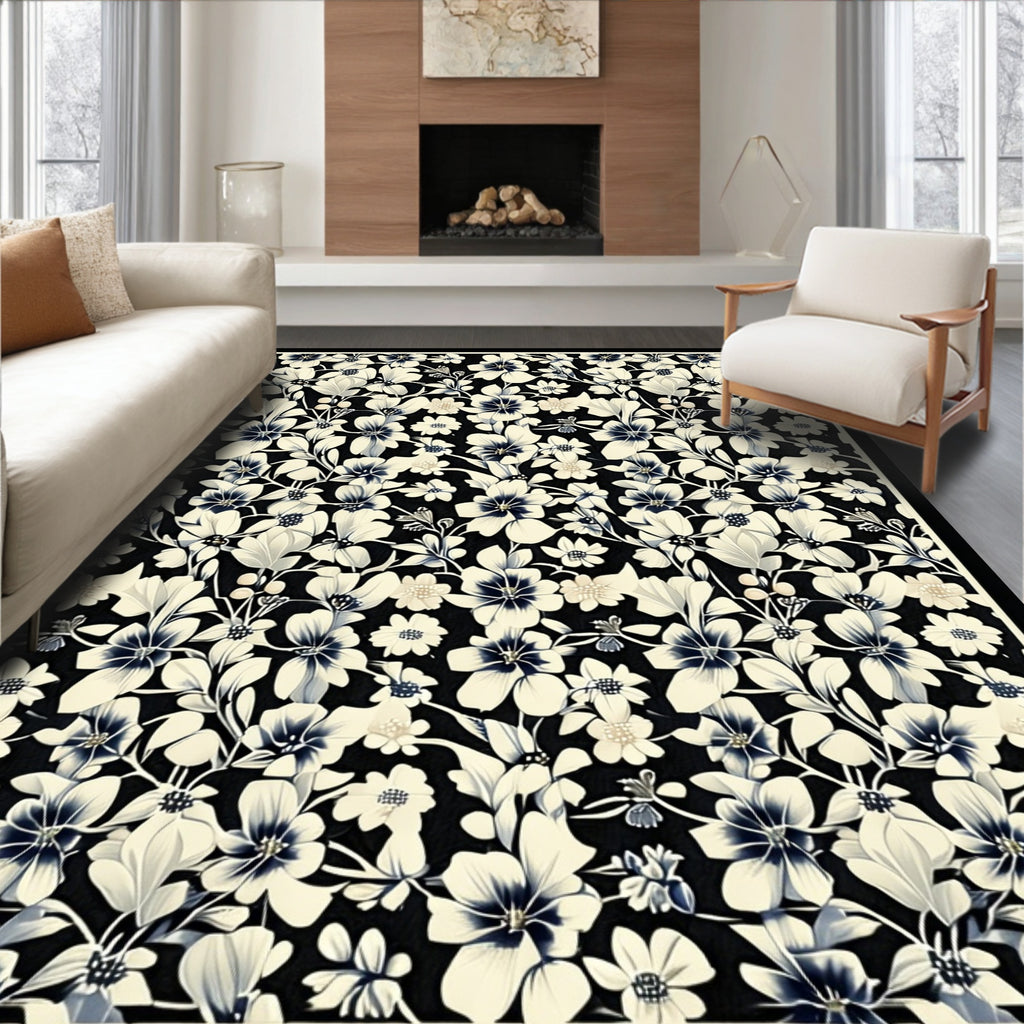 Elegant Black Floral Pattern Rug