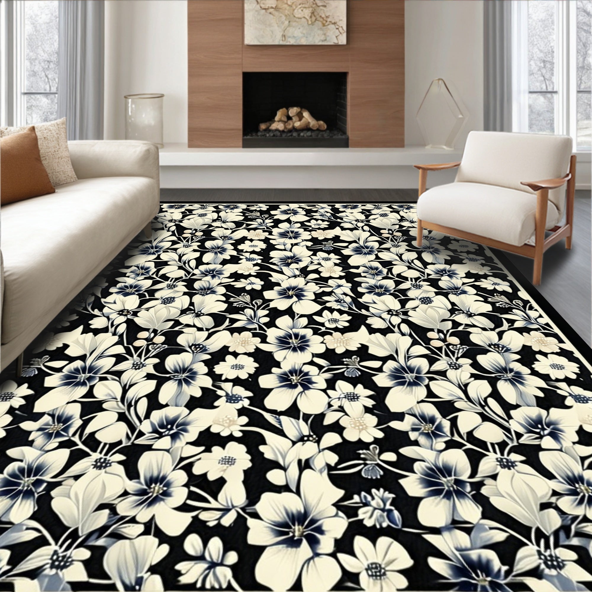 Elegant Black Floral Pattern Rug