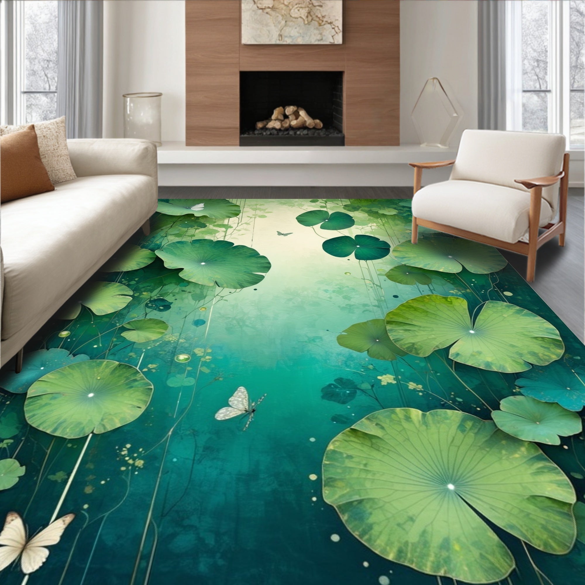 Whimsical Green Lily Pad Butterflies Design Rug