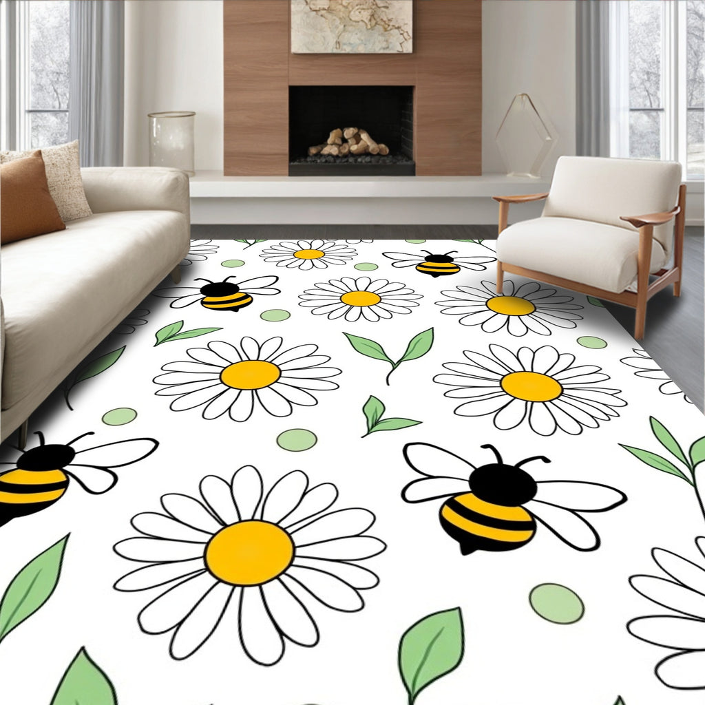Daisies and Bees Playful Pattern Rug