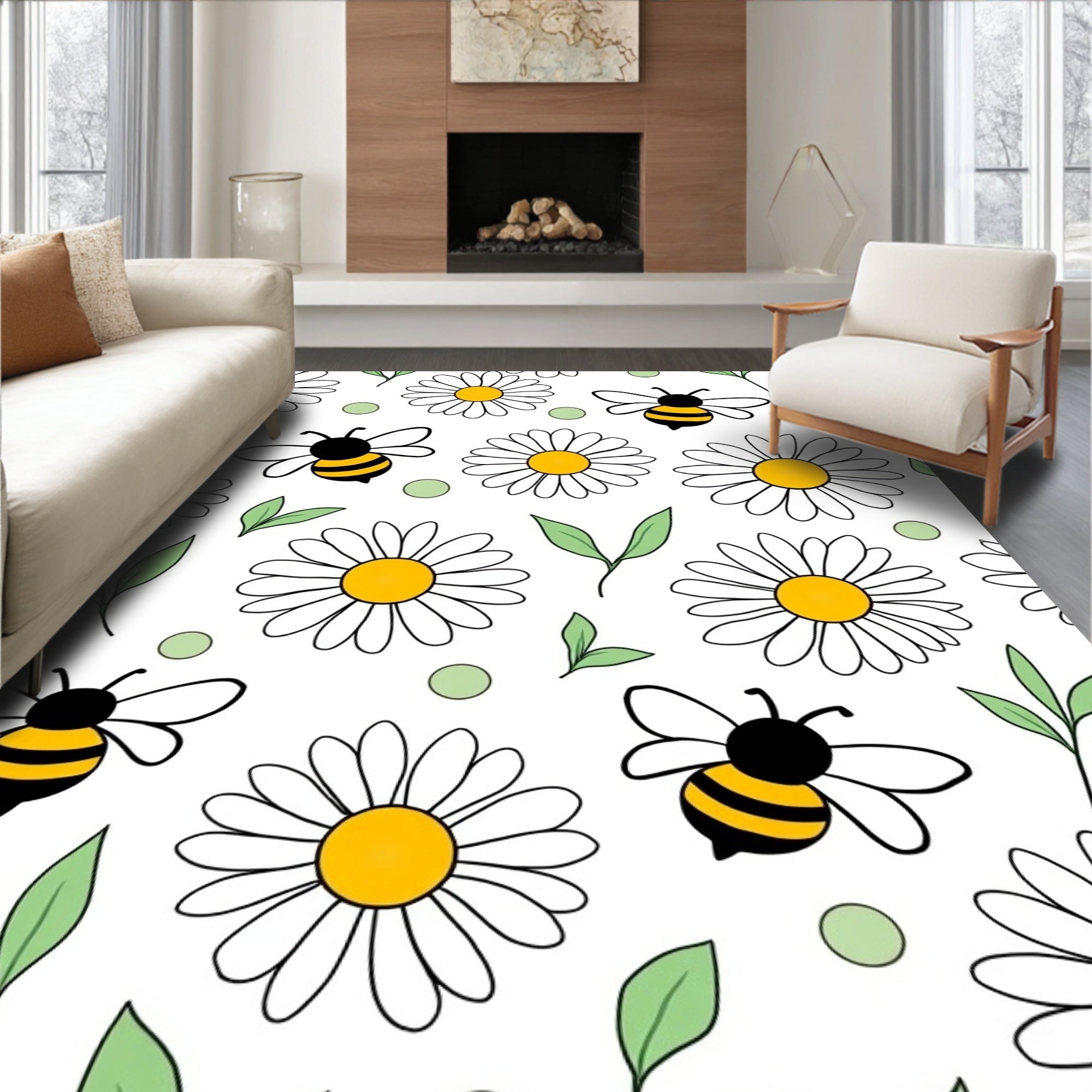 Daisies and Bees Playful Pattern Rug
